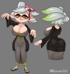  animal_humanoid areola areola_slip asian_clothing beauty_mark big_breasts big_butt breasts butt cephalopod cephalopod_humanoid cleavage clothed clothing dipstick_hair east_asian_clothing eyelashes facial_markings female footwear front_view grey_background grey_clothing grey_footwear grey_hair grey_kimono grey_socks hair head_markings hi_res huge_breasts humanoid humanoid_pointy_ears inkling japanese_clothing kimono looking_at_viewer marie_(splatoon) marine marine_humanoid markings mask_(marking) mole_(marking) mollusk mollusk_humanoid nintendo nipple_outline pink_areola pose pseudo_hair rear_view rocner sandals simple_background smile socks solo splatoon tan_body tan_skin tentacle_hair tentacles text thick_thighs video_games wide_hips yellow_eyes 