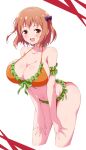  1girl :d absurdres armband bangs bikini breasts brown_eyes brown_hair cleavage collarbone commentary eggman_(pixiv28975023) frilled_bikini frills hands_on_own_knees hataraku_maou-sama! highres large_breasts leaning_forward navel open_mouth orange_bikini revision sasaki_chiho simple_background smile solo standing stomach swimsuit white_background 