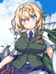  1girl 547th_sy adapted_turret badge blonde_hair blue_necktie blue_skirt blue_sky braid braided_bangs braided_bun breasts cape cloak cloud cloudy_sky collared_shirt dress_shirt embarrassed green_cape green_cloak green_vest hair_bun highres kantai_collection large_breasts long_hair looking_at_viewer machinery necktie outdoors perth_(kancolle) plaid plaid_skirt pleated_skirt purple_eyes school_uniform shirt short_sleeves skirt sky smokestack solo vest white_shirt 