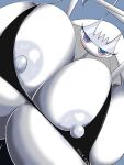  3:4 alternate_color antennae_(anatomy) anthro areola big_breasts blue_pupils blush bra breasts clothing english_text female grey_areola grey_nipples huge_breasts hyper hyper_breasts looking_at_viewer nintendo nipples norio_(pheromosa_times) open_mouth pheromosa pok&eacute;mon pok&eacute;mon_(species) pupils purple_eyes solo text ultra_beast underwear video_games white_body 