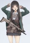  1girl :o absurdres arms_up assault_rifle bangs bow bowtie brown_bow brown_bowtie brown_eyes brown_hair brown_vest claw_pose collared_shirt fn_scar green_jacket grey_background grey_skirt gun highres jacket koh_(minagi_kou) long_hair long_sleeves looking_at_viewer mask mole mole_under_eye mouth_mask open_mouth original rifle school_uniform shirt simple_background skirt solo vest weapon white_shirt 