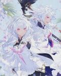  1boy 1girl dress fate/grand_order fate_(series) highres looking_at_viewer merlin_(fate) merlin_(fate/prototype) non-web_source official_art purple_eyes sky smile staff taiki_(luster) tree white_dress white_hair 