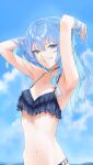  1girl absurdres aqua_hair armpits arms_up artist_name bangs bikini blue_bikini blue_eyes blue_hair blue_sky breasts clenched_teeth colored_inner_hair commentary_request day esc1_2d frilled_bikini frills highres hololive hoshimachi_suisei lace_trim long_hair looking_at_viewer multicolored_hair navel o-ring o-ring_bikini outdoors shadow shiny shiny_hair sidelocks sky small_breasts solo stomach swimsuit teeth upper_body virtual_youtuber wading water 