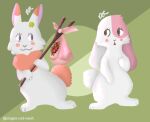  &lt;3 2020 :3 blush brown_eyes chest_tuft clover clover_(happy_happy_clover) digital_drawing_(artwork) digital_media_(artwork) domestic_rabbit duo eyelashes female feral fur green_background happy happy_happy_clover katsuwuma lagomorph leporid long_ears lop_rabbit mallow_(hhc) mammal meru_(hhc) oryctolagus pink_body pink_fur purple_eyes rabbit sayuri_tatsuyama shamrock shy simple_background smile standing stick tuft white_body white_fur 