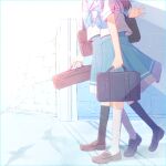  2girls bag bird black_bag black_footwear black_socks blue_hair blue_neckerchief blue_sailor_collar blue_skirt hand_up head_out_of_frame hibike!_euphonium highres holding holding_bag instrument_case kasaki_nozomi kitauji_high_school_uniform kneehighs liz_to_aoi_tori loafers long_hair multiple_girls neckerchief pleated_skirt sailor_collar sawara65 school_bag school_uniform serafuku shirt shoes short_sleeves skirt socks standing walking white_shirt white_socks yoroizuka_mizore 