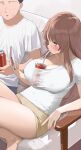  1boy 1girl barefoot between_breasts black_hair breasts brown_eyes brown_hair can cellphone cleavage covered_nipples drinking drinking_straw faceless faceless_male highres holding holding_can holding_phone kaisen_chuui large_breasts long_hair original phone shirt short_hair short_sleeves shorts sitting t-shirt thighs white_shirt yellow_shorts 