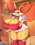  absurd_res anthro big_breasts blush breasts canid canine clothed clothing dessert english_text female fennekin food hi_res holding_object huge_breasts inner_ear_fluff kyodashiro legwear looking_at_viewer mammal nintendo plate pok&eacute;mon pok&eacute;mon_(species) pok&eacute;morph solo text tuft video_games yellow_body 