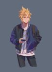  1boy alternate_costume backpack bag black_pants blonde_hair blue_eyes casual cloud_strife cowboy_shot final_fantasy final_fantasy_vii final_fantasy_vii_remake grey_background hand_in_pocket ho_fan holding holding_phone jacket letterman_jacket looking_to_the_side male_focus pants phone print_shirt shirt short_hair solo spiked_hair standing 