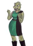  anthro belt boots breasts clenched_hands clothed clothing dress female footwear gorn gorn_(species) hi_res kessavel raised_arm reptile scalie solo star_trek teeth teeth_visible 