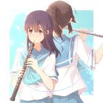  2girls bangs black_hair blue_hair blue_neckerchief blue_sailor_collar blue_skirt blush facing_away flute hands_up hibike!_euphonium highres holding holding_instrument instrument kasaki_nozomi kitauji_high_school_uniform liz_to_aoi_tori long_hair looking_at_viewer multiple_girls music neckerchief oboe pink_eyes playing_instrument pleated_skirt ponytail sailor_collar sawara65 school_uniform serafuku shirt short_sleeves skirt standing string string_of_fate white_shirt yoroizuka_mizore 