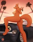  anthro breasts butt canid canine car car_keys diane_foxington dreamworks female fox genitals hi_res looking_at_viewer looking_back mammal nipples nude orange_body palm_tree plant pose public public_nudity pussy solo the_bad_guys tree vehicle wolfpsalm 