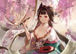  1girl bangs bird black_hair breasts flower guobo hair_ornament japanese_clothes kachou_fuugetsu_(onmyoji) kimono long_hair looking_at_viewer onmyoji scroll solo 