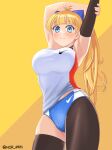  1girl a_unir absurdres armpits arms_up asymmetrical_legwear bangs black_thighhighs blonde_hair blue_eyes blunt_bangs blush breasts buruma cameltoe closed_mouth commission contrapposto cowboy_shot detached_sleeves from_below highres large_breasts long_hair looking_at_viewer original ponytail product_placement see-through_silhouette shirt simple_background single_sleeve skindentation sleeveless sleeveless_shirt smile solo sports_bikini sportswear stretching thighhighs twitter_username very_long_hair 