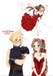  &gt;_&lt; 1boy 1girl 2021 aerith_gainsborough armor arms_up bangs bare_arms black_gloves black_sweater blonde_hair blue_eyes blush breasts brown_hair cleavage cloud_strife collarbone cropped_arms dated dress earrings evening_gown eye_contact final_fantasy final_fantasy_vii floating_hair flower full_body gloves green_eyes hair_between_eyes hair_flower hair_intakes hair_ornament hair_ribbon jewelry krudears layered_dress long_hair looking_at_another medium_breasts necklace open_mouth outstretched_arms red_dress red_flower red_ribbon ribbed_sweater ribbon shiny shiny_hair shoulder_armor side_slit sleeveless sleeveless_sweater spiked_hair star_(symbol) star_earrings star_necklace strapless strapless_dress sweater turtleneck turtleneck_sweater twitter_username very_long_hair watermark white_background 
