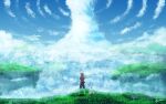  1boy absurdres animal artist_name bird cliff cloud cloudy_sky crossed_arms day fantasy flying flying_animal grass h_yuusui highres light looking_to_the_side original outdoors red_hair scenery shirt shorts signature sky spiked_hair sunlight t-shirt 