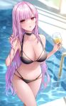  1girl :o armpits bare_arms bare_shoulders bikini black_bikini black_choker blurry blurry_background breasts chocofox choker cleavage collarbone cup drinking_glass holding holding_hair hololive large_breasts long_hair looking_at_viewer mori_calliope multi-strapped_bikini navel open_mouth pink_hair pool red_eyes solo stomach string_bikini swimsuit thighs very_long_hair virtual_youtuber wet wine_glass 