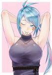  1girl absurdres anobaith armpits arms_behind_head azura_cecillia blue_eyes blue_hair blush border breasts dress grey_dress hair_tie_in_mouth halter_dress halterneck highres jewelry looking_to_the_side medium_breasts mouth_hold multicolored_hair necklace nijisanji nijisanji_id one_eye_closed pink_background pink_hair ponytail smile solo streaked_hair tying_hair upper_body virtual_youtuber white_border 