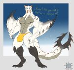  2022 anthro barioth biped black_body black_nipples black_scales blue_background blue_eyes bulge capcom claws daikuhiroshiama dialogue digital_media_(artwork) english_text fangs finger_claws flying_wyvern forked_tail grey_body grey_scales hi_res looking_at_viewer male monster_hunter multicolored_body multicolored_scales muscular muscular_anthro muscular_male nipples scales simple_background solo talking_to_viewer text toe_claws unusual_anatomy unusual_tail video_games white_body white_scales winged_arms wings 