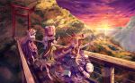  3girls absurdres blonde_hair cloud double_bun evening gradient_sky hair_bun hayashida_chiyo highres horns hoshiguma_yuugi ibaraki_kasen ibuki_suika long_hair multiple_girls orange_sky red_sky ribbon sky sun sunset tabard touhou twilight 