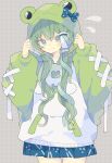  1girl adapted_costume animal_hood bangs blue_bow blue_skirt blush bow closed_mouth commentary cowboy_shot flying_sweatdrops frog_hood furrowed_brow green_eyes green_hair green_hoodie hair_ornament hair_tubes highres holding_hoodie hood hood_up hoodie kochiya_sanae long_hair long_sleeves looking_at_viewer nikorashi-ka pleated_skirt polka_dot polka_dot_bow puffy_sleeves ribbon simple_background single_hair_tube skirt snake_hair_ornament solo touhou two-tone_hoodie white_hoodie white_ribbon x 