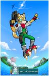  anthro arwing blaster_pistol body_of_water boots border canid canine clothing english_text footwear fox fox_mccloud gsvproductions hi_res male mammal mountain nintendo rocket_boots sky solo star_fox text video_games white_border 