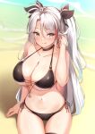  1girl :q absurdres azur_lane bangs bare_arms bare_shoulders beach bikini black_bikini black_choker black_ribbon blush breasts brown_eyes choker cleavage closed_mouth collarbone groin hair_between_eyes hair_ribbon hand_up highres large_breasts long_hair moyoron multicolored_hair navel official_alternate_costume parted_bangs prinz_eugen_(azur_lane) prinz_eugen_(unfading_smile)_(azur_lane) red_hair ribbon sand side-tie_bikini skindentation smile solo streaked_hair swimsuit thigh_gap thigh_strap tongue tongue_out two_side_up very_long_hair water white_hair 