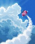 cloud cloudy_sky day excited fantasy flying frown goggles highres kirby kirby_(series) miclot open_mouth outdoors outstretched_arms rocket sky smile solo sparkling_eyes spread_arms sunlight tongue 
