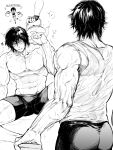  1boy 1girl abs absurdres bara black_hair crop_top highres kengan_(series) kengan_ashura kyowo_sukkesuke large_pectorals male_focus manly messy_hair monochrome muscular muscular_male nipples on_floor outstretched_arms pectorals short_hair shorts sitting spread_arms surprised sweat sweatdrop tank_top teapot thick_arms thick_thighs thighs tight tokita_ouma topless_male wet wet_clothes 