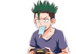  1boy ao_ashi collarbone controller eating food game_controller green_hair grey_shirt looking_at_viewer male_focus meguru931 ootomo_eisaku popsicle shaking shirt simple_background solo spiked_hair sweat t-shirt teeth_hold upper_body white_background 