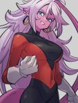  android_21 blue_eyes bodysuit breasts clenched_teeth colored_skin cosplay covered_navel dragon_ball dragon_ball_fighterz earrings gloves grey_background hair_between_eyes hoop_earrings jewelry jiren jiren_(cosplay) kemachiku large_breasts long_hair looking_at_viewer majin_android_21 pink_hair pink_skin pointy_ears simple_background smile tail teeth white_gloves 