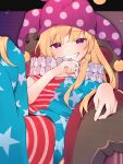  1girl akagashi_hagane american_flag_pants american_flag_shirt bangs black_border blonde_hair blush border chair closed_mouth clownpiece commentary_request commission fingernails gradient gradient_background hair_between_eyes hand_up hat jester_cap long_fingernails long_hair looking_at_viewer neck_ruff no_shoes outside_border pants pink_background pink_eyes pink_headwear polka_dot purple_background purple_eyes purple_headwear sharp_teeth shirt short_sleeves sitting skeb_commission smile solo star_(symbol) star_in_eye star_print striped striped_pants striped_shirt symbol_in_eye teeth touhou 