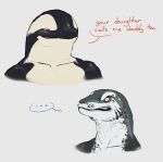  ... 2022 ambiguous_gender anthro artist_name black_body black_skin bodily_fluids cetacean clenched_teeth daddy_kink delphinoid digital_media_(artwork) duo english_text female_(lore) hi_res jzbthx leopard_seal male mammal marine mugen_(jzbthx) multicolored_body multicolored_skin narrowed_eyes oceanic_dolphin orca pink_sclera pinniped red_eyes red_sclera seal sharp_teeth shayla_(noronori) smile smirk sweat sweatdrop tan_body tan_skin teeth text toothed_whale two_tone_body two_tone_skin white_eyes 