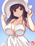  1girl alternate_costume artist_logo black_hair blue_background breasts commentary_request cowboy_shot dated dress gradient gradient_background hat holding holding_clothes holding_hat kanon_(kurogane_knights) kantai_collection large_breasts medium_hair one-hour_drawing_challenge red_eyes simple_background solo sun_hat sundress white_background white_dress white_headwear yamashiro_(kancolle) 