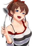  1girl :d blue_eyes blush bra_strap breasts brown_hair cleavage collarbone hand_up highres holding holding_ladle idolmaster idolmaster_million_live! kamille_(vcx68) ladle looking_at_viewer medium_breasts off-shoulder_shirt off_shoulder open_mouth ponytail satake_minako shirt simple_background smile solo striped striped_shirt teeth upper_body upper_teeth white_background 