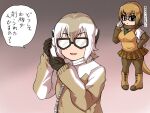  1girl animal_ears black-framed_eyewear breast_envy breast_reduction brown_hair commentary denwa_neko dual_persona glasses isna_(footprintsofisna) kemono_friends kemono_friends_3 meerkat_(kemono_friends) meerkat_(kemono_friends)_(old_design) meerkat_ears meerkat_tail necktie opaque_glasses open_mouth pleated_skirt skirt smile sweater_vest translated two-tone_sweater 