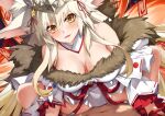  1boy 1girl animal_ear_fluff animal_ears bangs blonde_hair blush breasts extra_ears fate/grand_order fate_(series) fox_ears fox_girl fox_tail hair_between_eyes koyanskaya_(fate) large_breasts long_hair looking_at_viewer sidelocks solo_focus tail tamamo_(fate) thighs tsuki_tokage very_long_hair yellow_eyes 