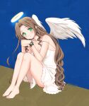  1girl 2020 aerith_gainsborough angel anklet bare_arms bare_legs barefoot blue_background blush breasts brown_background brown_hair closed_mouth collarbone dated dress feathered_wings final_fantasy final_fantasy_vii full_body green_eyes hair_intakes halo highres jewelry krudears long_hair nail_polish pink_nails shiny shiny_hair shiny_skin short_dress sideboob sitting sleeveless sleeveless_dress small_breasts smile solo straight_hair strap_slip toenail_polish toenails twitter_username two-tone_background very_long_hair white_dress white_wings wings 