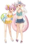  2girls :d ahoge animal_ear_fluff animal_ears bare_shoulders bikini blue_bikini blue_bow blue_jacket bow bunny_hair_ornament closed_mouth collarbone commentary double_bun earrings fang food-themed_earrings green_bikini grey_hair hair_between_eyes hair_bow hair_bun hair_ornament indie_virtual_youtuber jacket jewelry leaning_forward lemon_earrings long_hair long_sleeves looking_at_viewer multicolored_hair multiple_girls natsume_eri natsume_eri_(vtuber) navel off_shoulder open_clothes open_jacket pink_hair purple_footwear purple_hair rabbit_ears red_eyes sandals short_eyebrows sleeves_past_wrists smile standing streaked_hair swimsuit symbol-only_commentary thick_eyebrows tomari_mari twintails virtual_youtuber white_footwear white_jacket yellow_bikini yellow_bow 