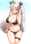  1girl :q absurdres azur_lane bangs bare_arms bare_shoulders bikini black_bikini black_choker black_ribbon blush breasts brown_eyes choker cleavage closed_mouth collarbone gradient gradient_background groin hair_between_eyes hair_ribbon hand_up highres large_breasts long_hair looking_at_viewer moyoron multicolored_hair navel official_alternate_costume parted_bangs prinz_eugen_(azur_lane) prinz_eugen_(unfading_smile)_(azur_lane) red_hair ribbon side-tie_bikini skindentation smile solo streaked_hair swimsuit thigh_gap thigh_strap tongue tongue_out two_side_up very_long_hair water white_hair 