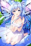  1girl :d absurdres bad_source bare_arms bare_shoulders barefoot blue_eyes blue_flower blue_hair blush breasts butterfly_choker butterfly_wings choker cleavage cupping_hands day dress emori_miku emori_miku_project flower from_above full_body hair_ribbon highres lace lace_choker large_breasts light_rays long_hair looking_at_viewer masuishi_kinoto on_flower one_side_up open_mouth outdoors ribbon see-through seiza sitting sleeveless sleeveless_dress smile solo spaghetti_strap sparkle sundress water water_drop water_in_hands white_dress white_ribbon wings 