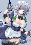  1girl bangs braid breasts cleavage closed_mouth covered_nipples cowboy_shot garter_straps grey_hair holding holding_knife izayoi_sakuya jyaoh0731 knife large_breasts looking_at_viewer maid maid_headdress medium_hair puffy_short_sleeves puffy_sleeves red_eyes roman_numeral short_sleeves side_braids solo standing touhou twin_braids wrist_cuffs zettai_ryouiki 