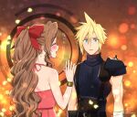  1boy 1girl 2020 :d aerith_gainsborough armor bangs bare_arms black_sweater blonde_hair blue_eyes blush bow brown_hair closed_eyes cloud_strife dated dress earrings final_fantasy final_fantasy_vii hair_between_eyes hair_bow jewelry krudears long_hair looking_at_another nail_polish open_mouth pink_dress pink_nails ponytail red_bow ribbed_sweater shiny shiny_hair shoulder_armor sleeveless sleeveless_dress sleeveless_sweater smile spiked_hair suspenders sweater turtleneck turtleneck_sweater twitter_username very_long_hair 