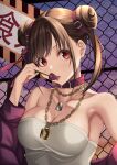  1girl absurdres armpits breasts brown_hair candy chain-link_fence chain_necklace cleavage collarbone double_bun fence food hair_bun highres idolmaster idolmaster_shiny_colors jacket jewelry kazushisummer leather_choker lollipop looking_at_viewer medium_breasts necklace purple_jacket solo sonoda_chiyoko strapless tongue tongue_out tube_top upper_body white_tube_top 