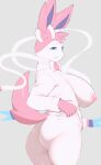  absurd_res anthro big_breasts blue_eyes bottomless breasts butt clothed clothing eeveelution female frown grey_background hi_res looking_at_viewer nintendo nipples pok&eacute;mon pok&eacute;mon_(species) pok&eacute;morph rear_view simple_background solo sylveon thick_thighs video_games white_body 