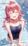  1girl ^_^ ^o^ absurdres blue_swimsuit blush closed_eyes collarbone highres idolmaster idolmaster_shiny_colors komiya_kaho masuku_(saint_mask) one-piece_swimsuit outdoors pool poolside red_hair solo swimsuit wading wet wet_hair 