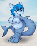  absurd_res anthro belly big_belly big_breasts breasts cana_fisch digital_media_(artwork) female fish foxball hair happy hi_res kitty_pride looking_at_viewer lying marine nipples non-mammal_breasts nude on_front overweight shark simple_background smile solo standing video_games 