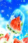  absurdres blurry blurry_background bubble cloud cloudy_sky falling_petals fantasy food food_focus fruit highres leaf makoron117117 no_humans original outdoors petals popsicle reflection reflective_water scenery sky sparkle summer water watermelon watermelon_slice 