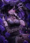  1girl animal_ears ateez_hncrn black_hair blood blood_on_face breasts cat_ears cat_girl cat_tail cleavage commission dress looking_at_viewer multicolored_hair original purple_eyes purple_hair purple_theme skeb_commission tail wavy_hair 