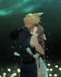  1boy 1girl 2020 aerith_gainsborough bangs bare_arms black_pants black_sweater blonde_hair bow bracelet brown_hair cloud_strife couple cowboy_shot dated final_fantasy final_fantasy_vii flower green_eyes hair_between_eyes hair_bow hair_intakes hetero hug jacket jewelry krudears long_hair night outdoors pants pink_bow pink_skirt red_jacket ribbed_sweater shiny shiny_hair signature skirt sleeveless sleeveless_sweater spiked_hair standing sweater turtleneck turtleneck_sweater twitter_username watermark web_address yellow_flower 