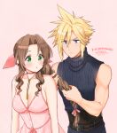  1boy 1girl 2021 :o aerith_gainsborough bare_arms blonde_hair blue_eyes blush bow braid braided_ponytail breasts brown_hair choker cleavage cloud_strife collarbone dated dress final_fantasy final_fantasy_vii green_eyes hair_bow hair_intakes hair_ribbon krudears long_hair medium_breasts pink_background pink_bow pink_dress pink_ribbon ponytail ribbon ribbon_choker shiny shiny_hair sleeveless sleeveless_dress spiked_hair sundress twitter_username tying_hair very_long_hair watermark 